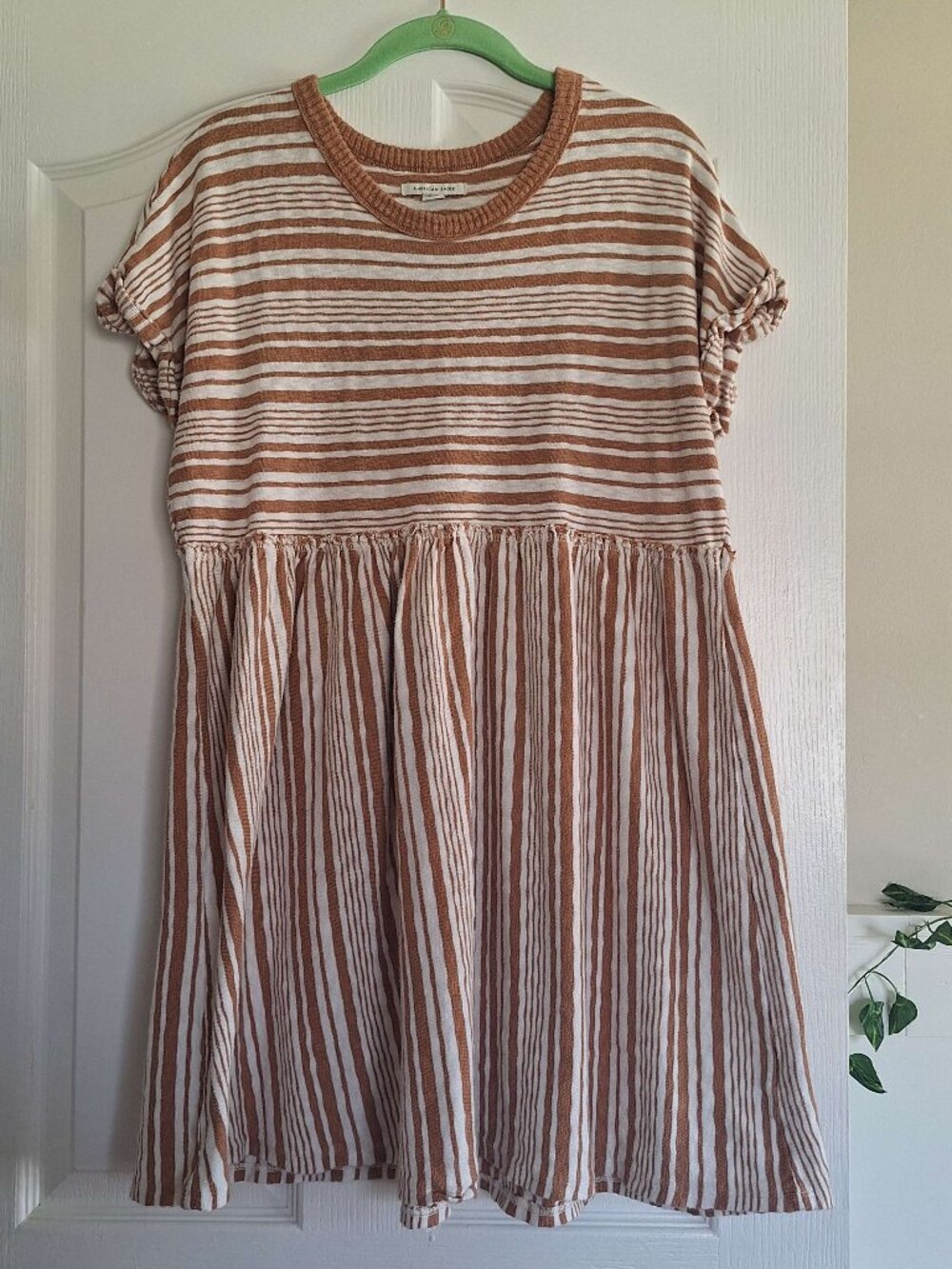 American Eagle Striped Tan and White Baybdoll Knit Short Sleeve Mini Dress
